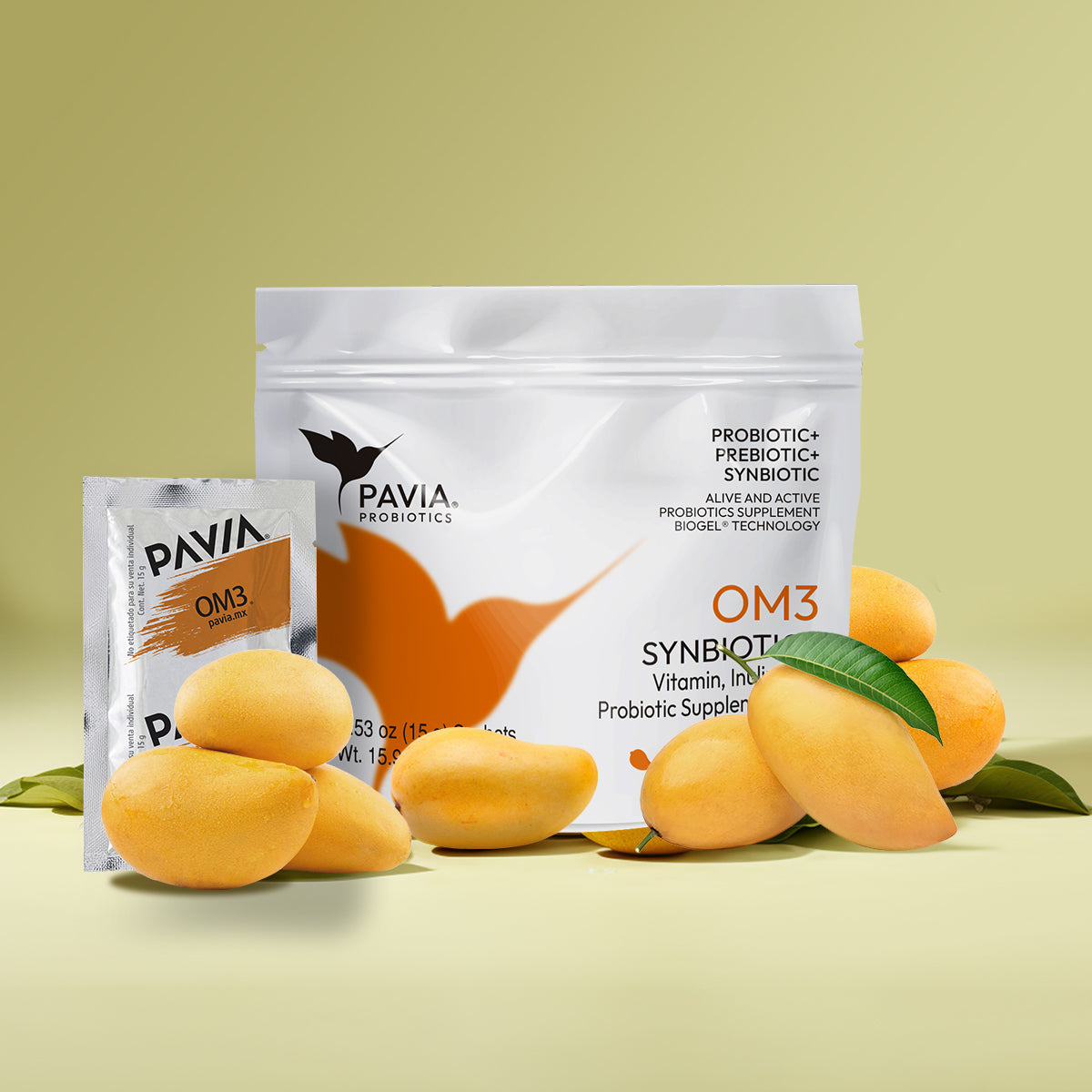 OM3 | Live probiotics with Omega 3 Helps with lactose intolerance Contains 30 single serve packets | Mango flavor
